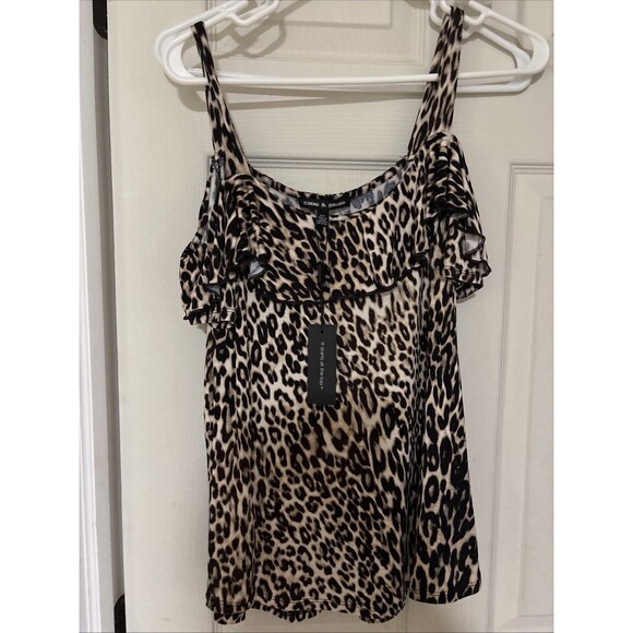 Cable & Gauge Leopard Print Tank Top Sleeveless Ruffle Accent Size Small - Picture 2 of 6